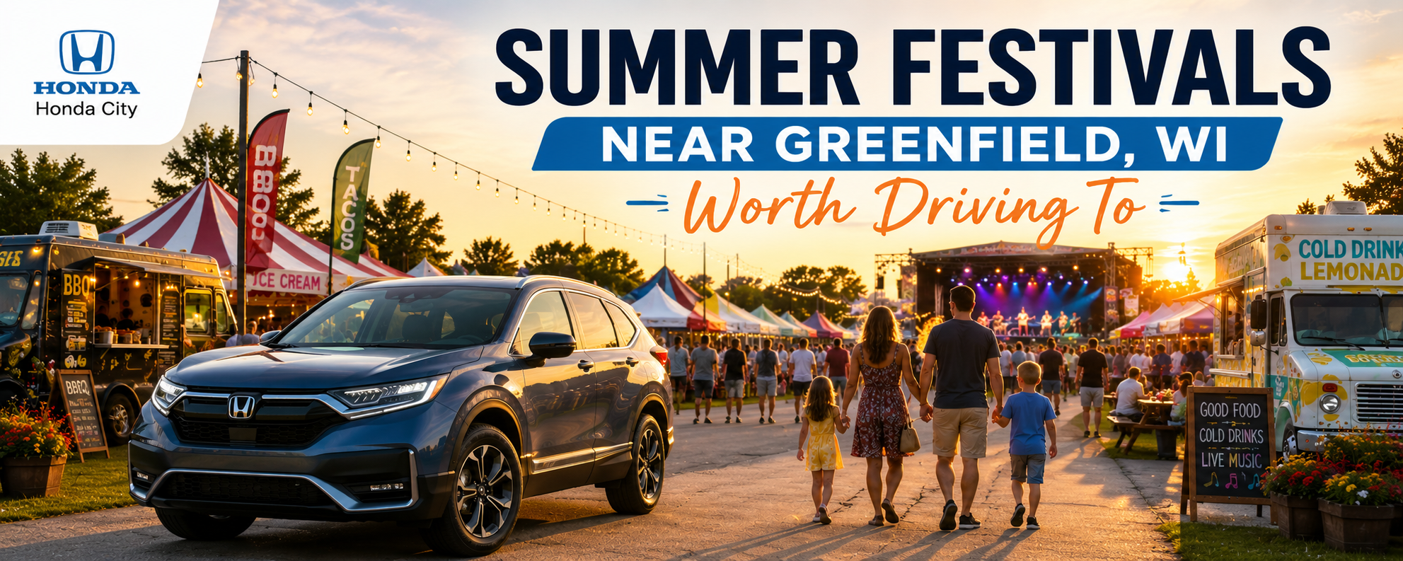 Honda CR-V parked near a Wisconsin summer festival with food trucks, live music, and families enjoying the event at sunset