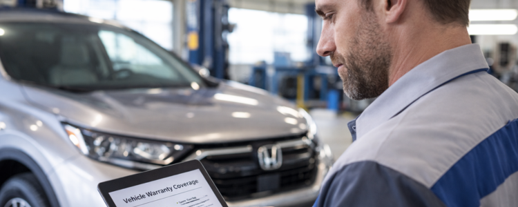 Honda service technician reviewing vehicle warranty coverage on a tablet beside a Honda SUV inside a service bay.
