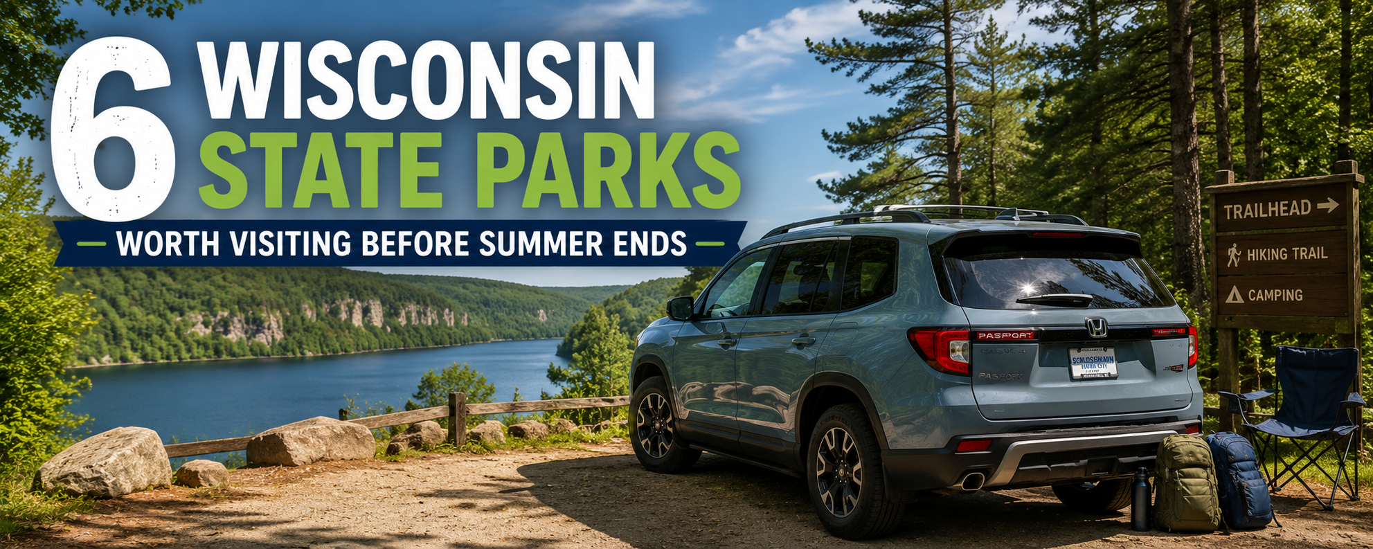 Honda Passport parked near a forested lake with hiking gear and camping chairs beside a trailhead.