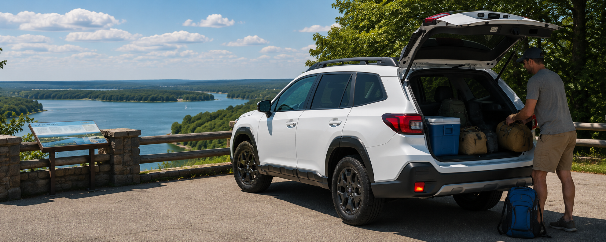 White Subaru Outback parked beside a scenic overlook with the rear hatch open and travel gear loaded in the cargo area.
