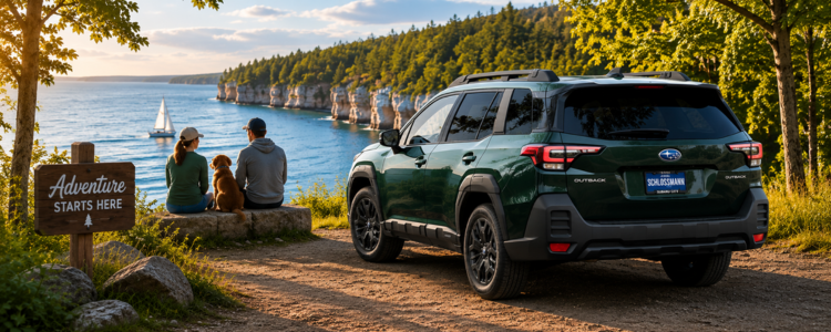 Green Subaru Outback parked on a dirt overlook beside a lake, with two people and a dog sitting on a stone ledge overlooking the water and wooded cliffs in the background.