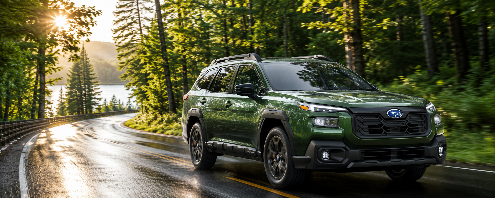 Green Subaru Outback driving on a winding road through a forest after summer rainfall with wet pavement and sunlight filtering through the trees.