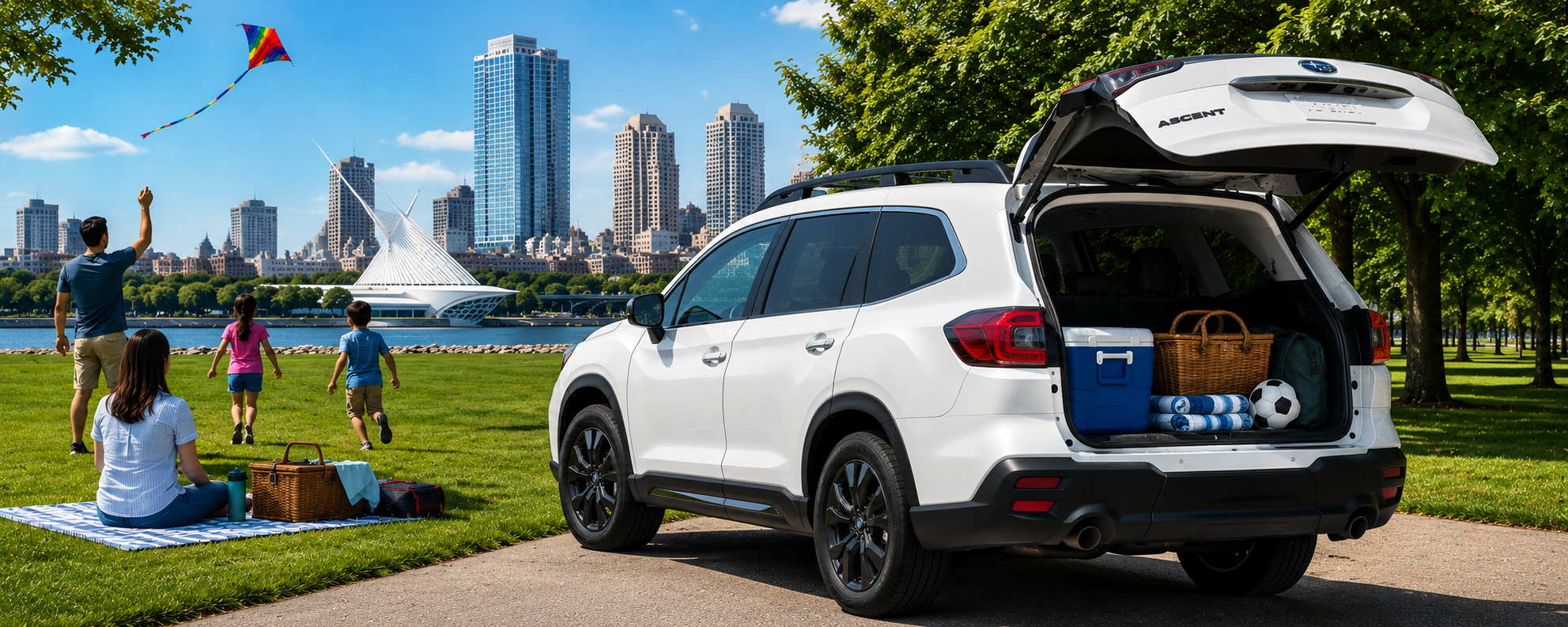 White 2026 Subaru Ascent parked beside a lakeside park with the rear hatch open, showing picnic supplies in the cargo area while a family flies a kite and plays on the grass nearby.