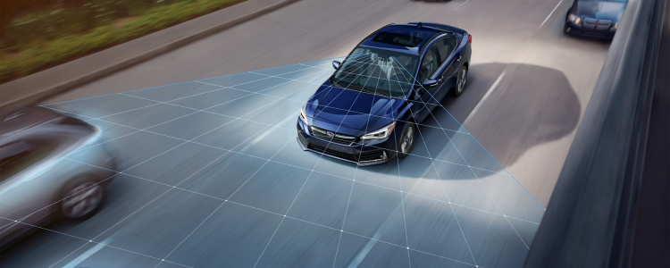 Subaru vehicle on the highway with EyeSight® driver-assist safety system visualized, showing forward-facing cameras monitoring traffic and lane positioning