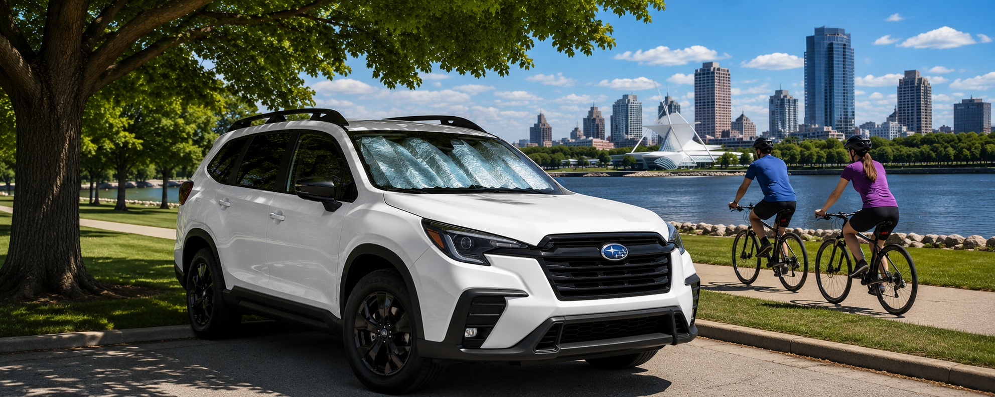 White Subaru Ascent parked beneath a tree with a windshield sunshade in place while two people ride bicycles along a lakeside path with the Milwaukee skyline in the background.