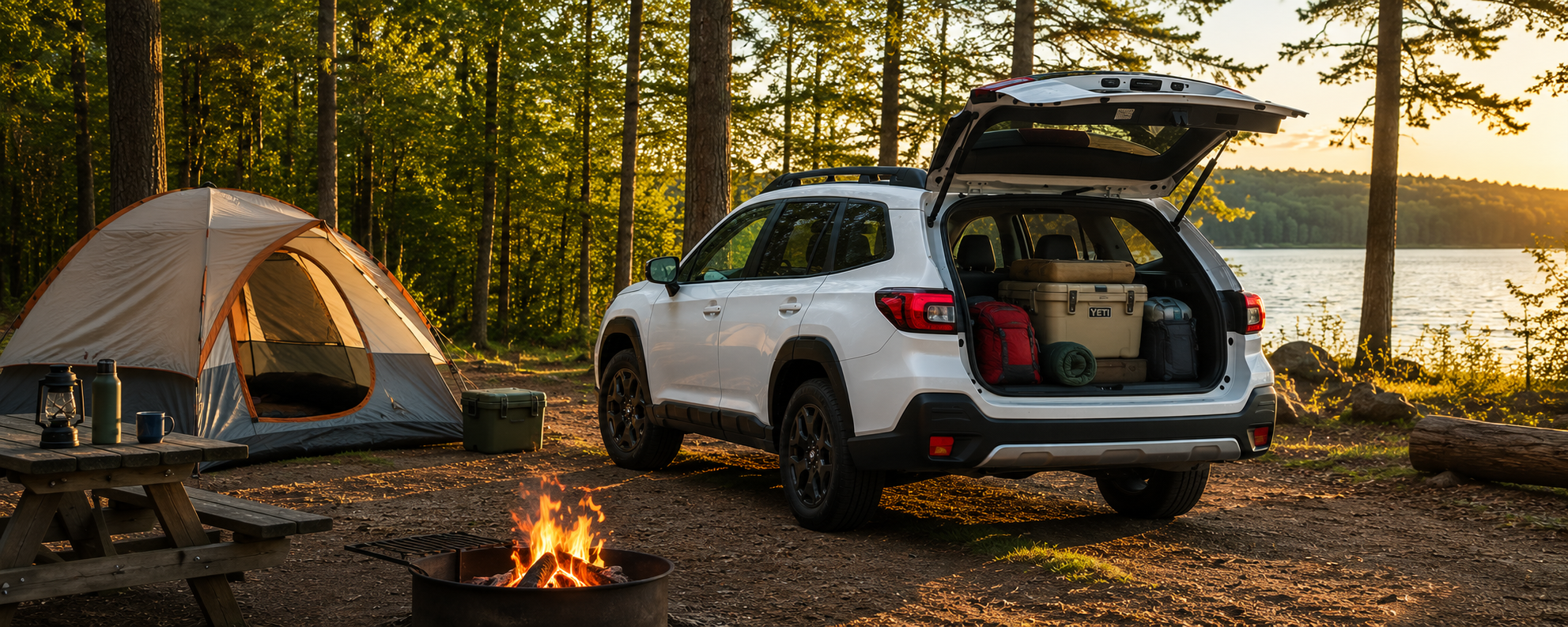 White Subaru Outback parked beside a tent at a wooded campsite with the rear hatch open and camping gear in the cargo area.