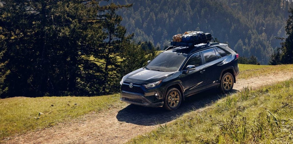 Blue Toyota RAV4 using roof rack