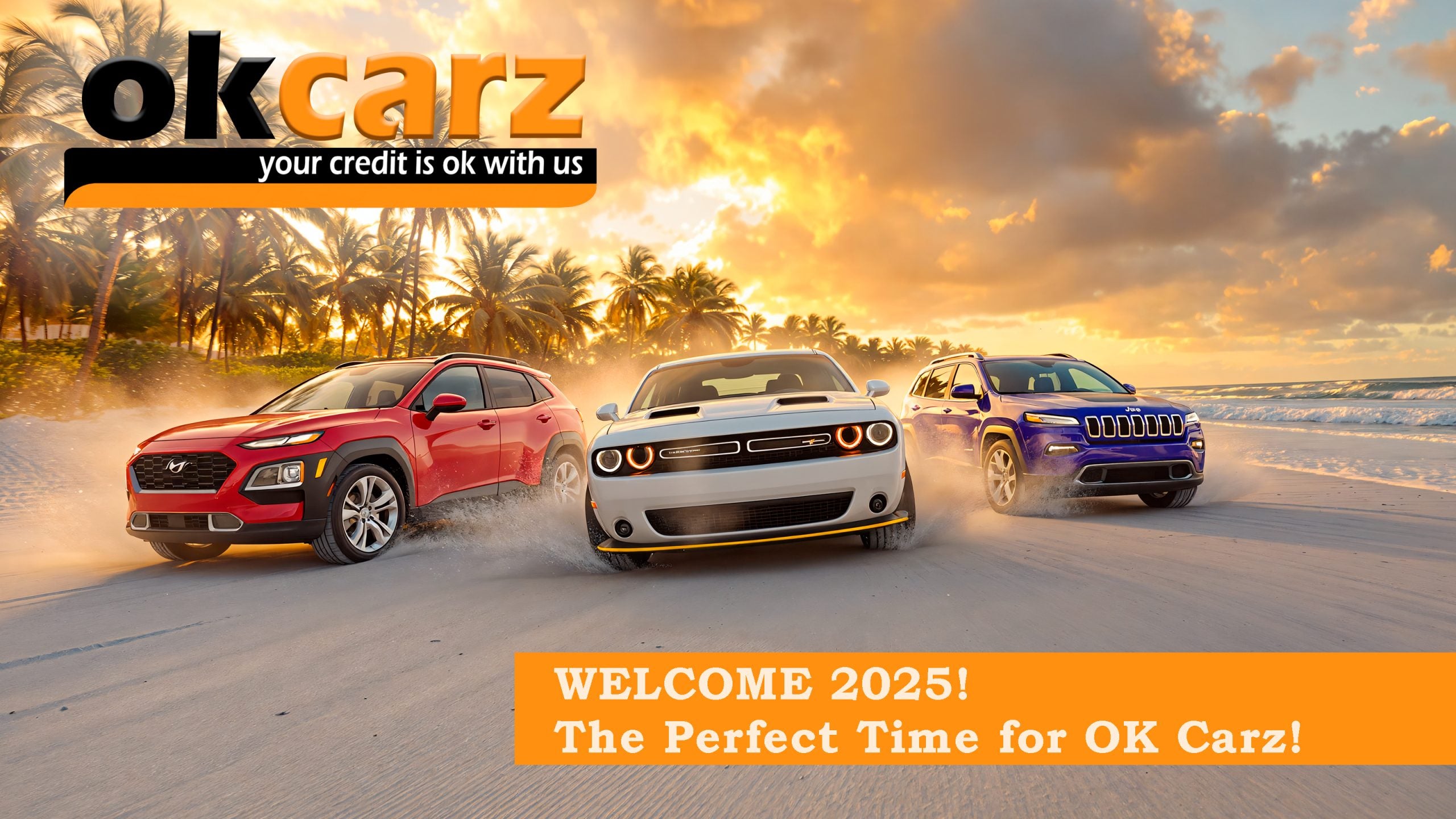 A 2020 Hyundai Kona Limited in vibrant candy red, - A 2020 Dodge Challenger R/T in lustrous pearl white, - A 2020 Jeep Cherokee Limited in rich deep blue, all racing across the hard-packed sand of a Florida beach with chrome details glinting in the sunset light.