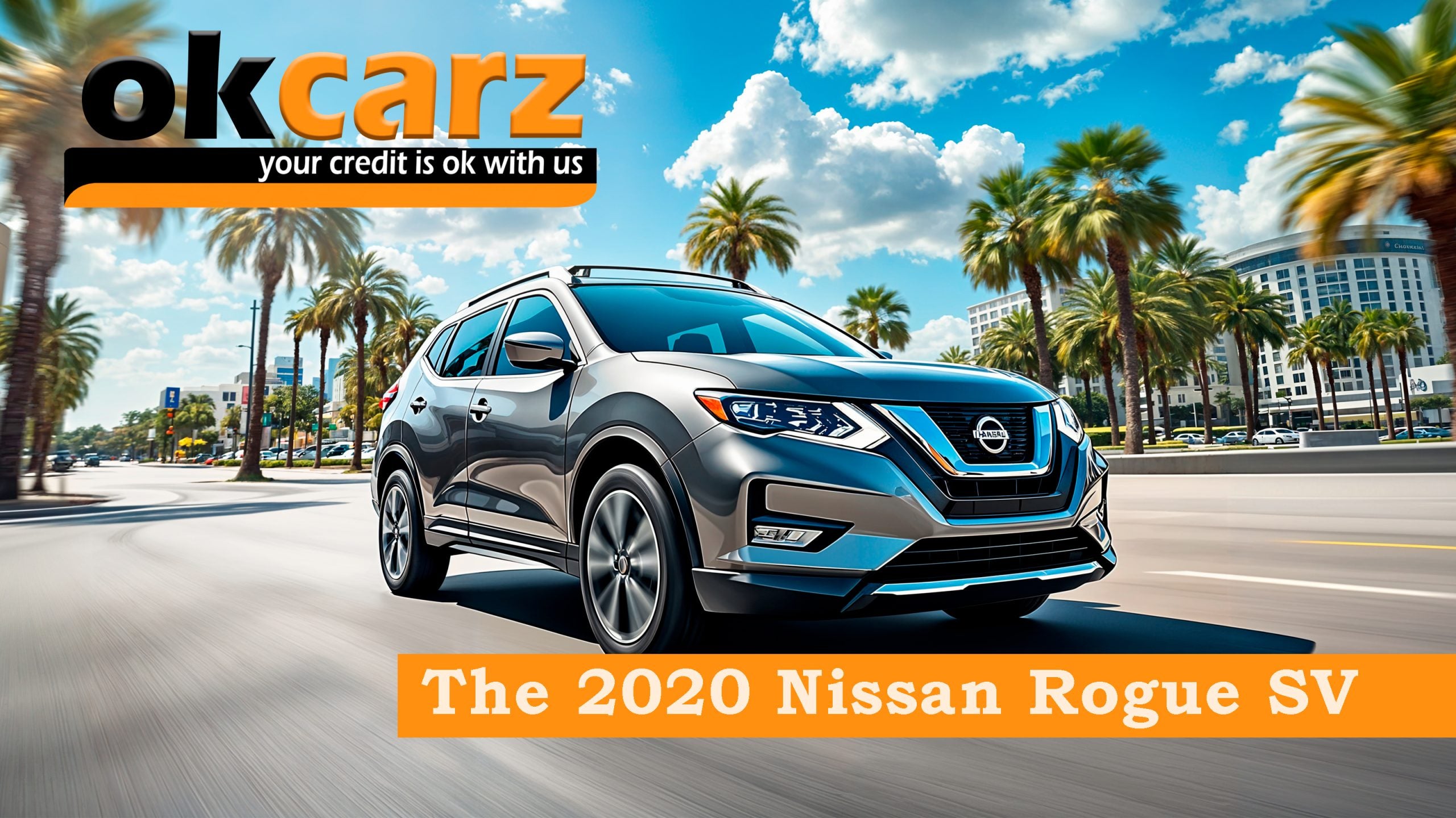 2020 Nissan Rogue SV in Baja Storm Metallic driving on a sunny Tampa street, captured in three-quarter front view against a backdrop of palm trees and modern city buildings under a blue Florida sky