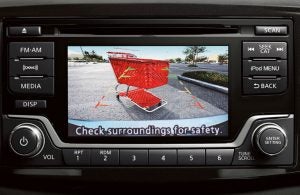 Nissan Sentra rearview camera showing a shopping cart behind the car