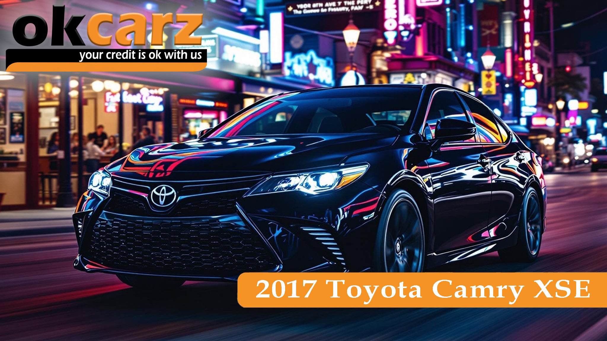 A 2017 Midnight Black Metallic Toyota Camry XSE cruising through the vibrant nightlife of East 8th Avenue in Ybor City, Florida's Historic District. The car's exterior is ultra-glossy, reflecting a kaleidoscope of neon lights from surrounding bars and eateries.