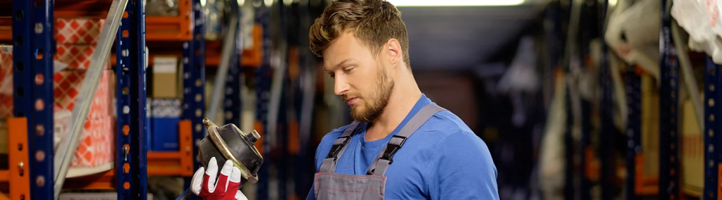 Man in an auto shop looks at a car part 