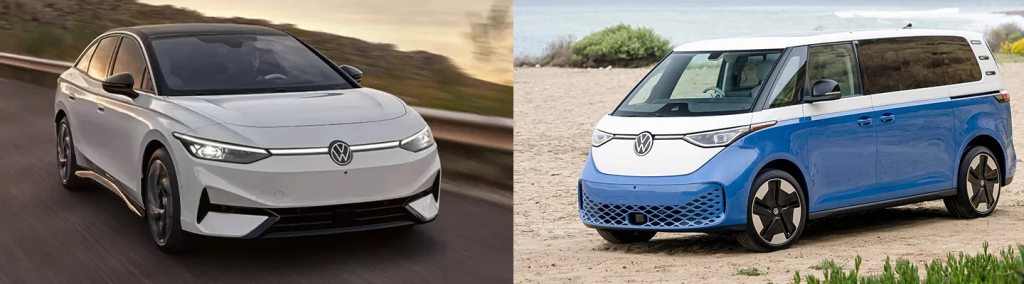 Two pictures of cars, first one is a 2025 volkswagen ID.7 and the second one is a 2025 Volkswagen Tiguan