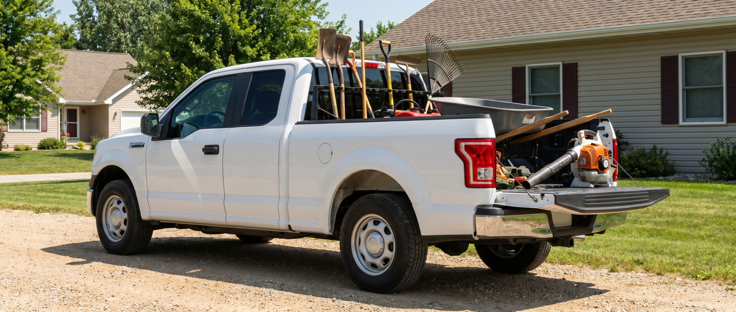 Ford F-150 truck bed loaded with landscaping equipment in Manchester MD.