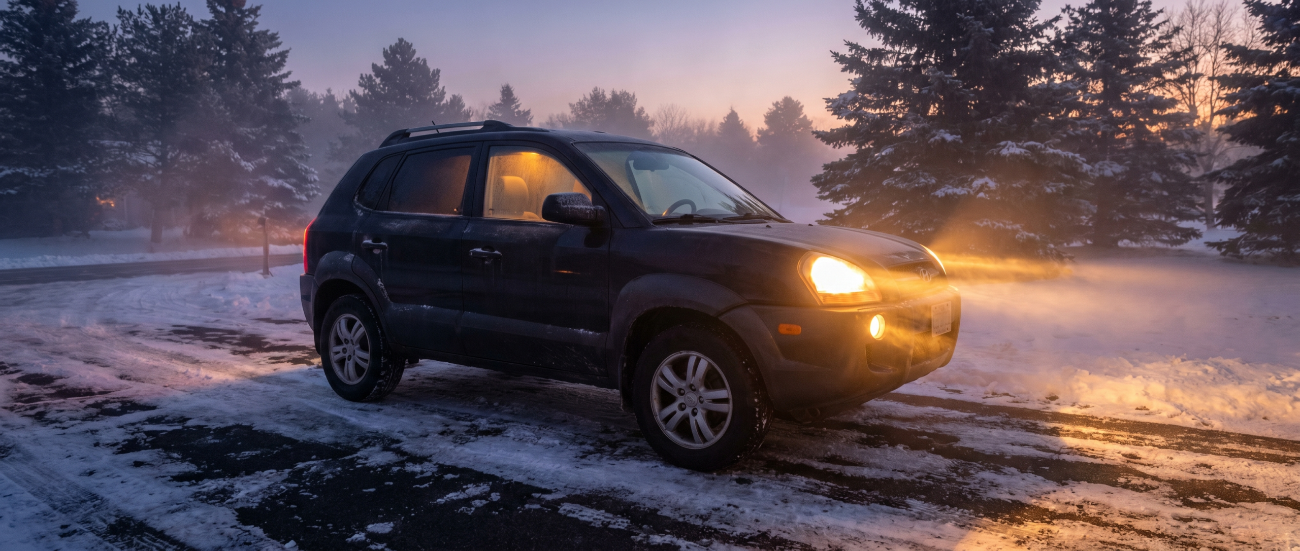 Pre-owned Hyundai Tucson with HTRAC all-wheel drive handling a foggy winter morning commute in Hampstead.