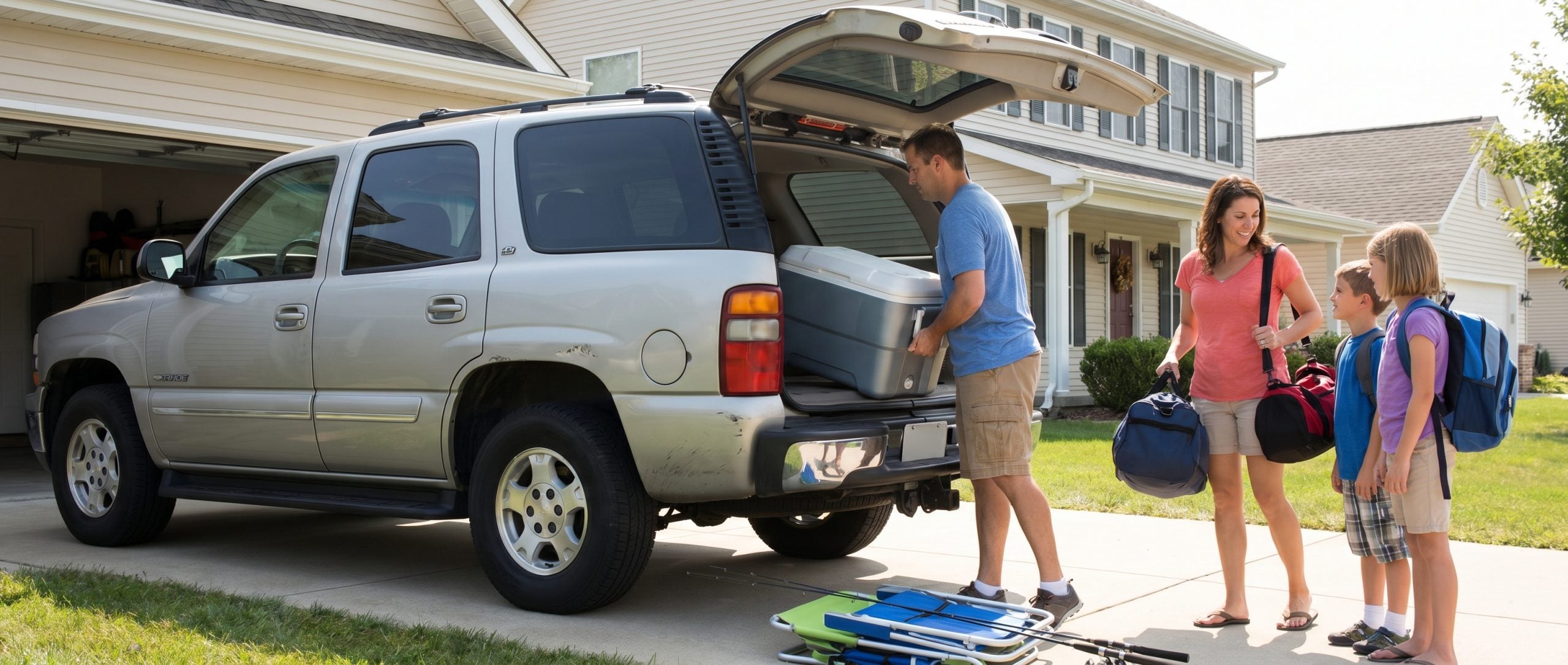 Used Chevrolet Tahoe LT with rear tailgate open being packed for a large family trip near Eldersburg.