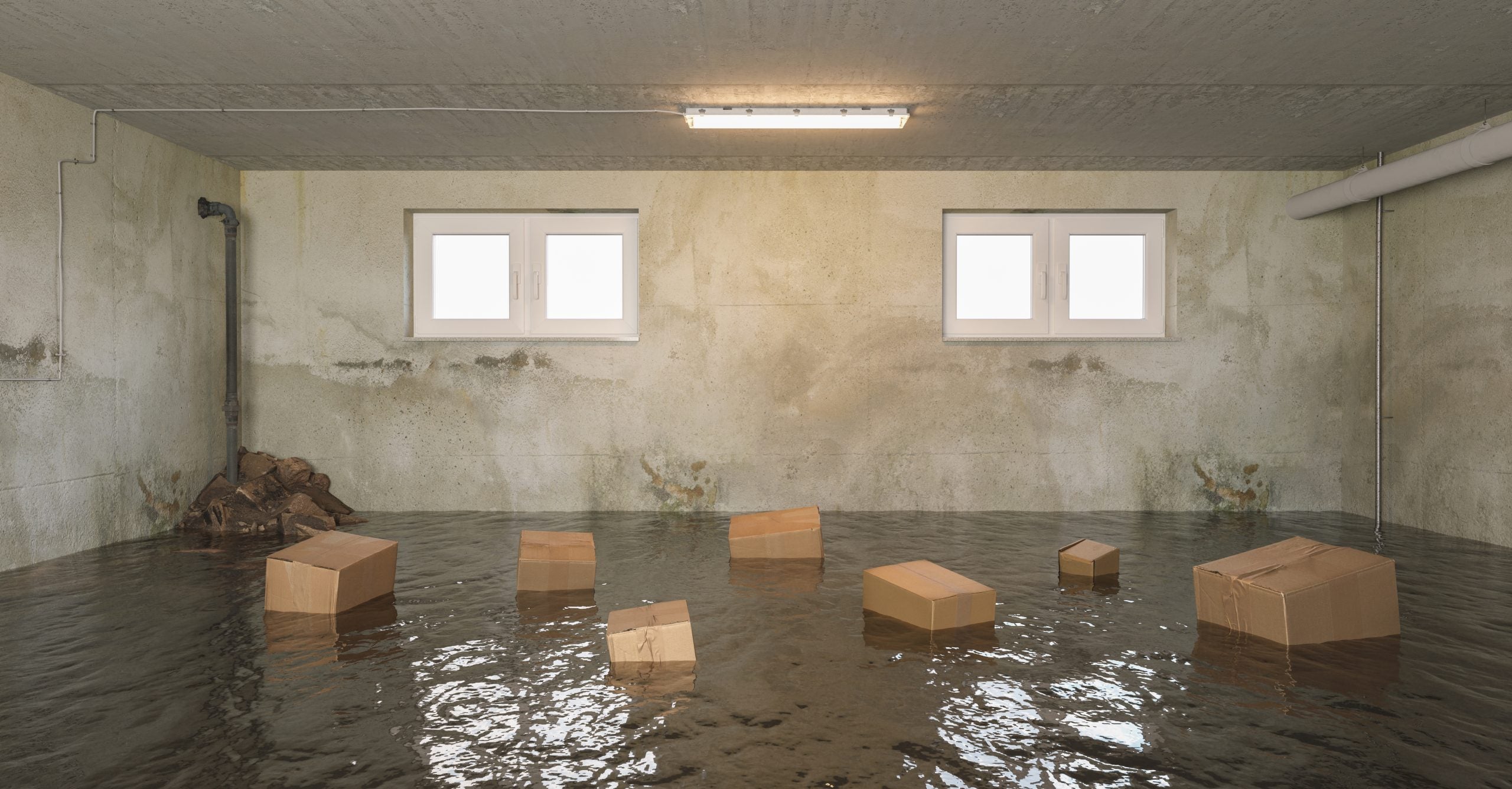 Flooded,Basement,Of,The,House,With,Wet,Cardboard,Boxes,In