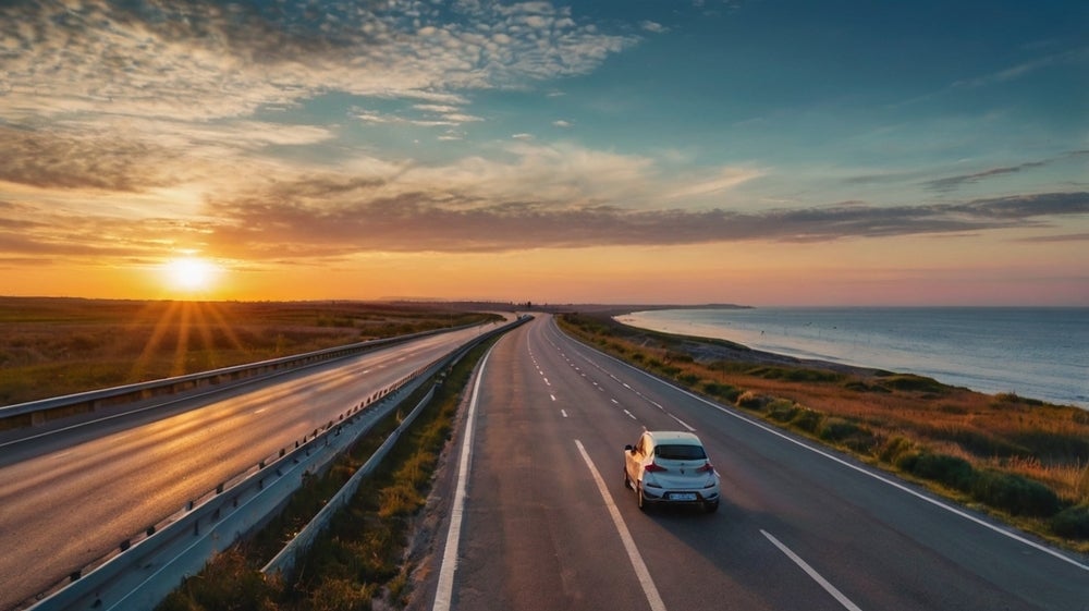 driving at sunset