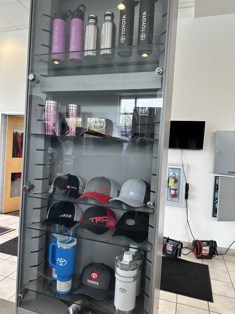 Toyota water bottles and hats at Steet Toyota of Johnstown
