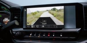 View of the reverse camera from the inside of a 2024 Chevy Silverado 2500 HD.