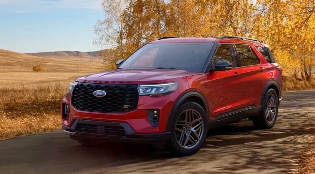 A red 2026 Ford Explorer for sale parked outdoors.