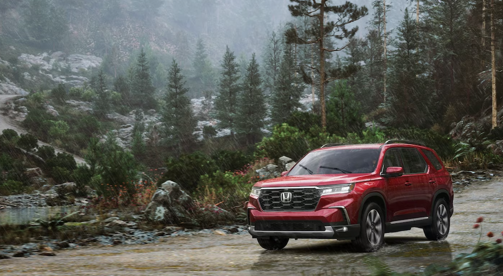 A red 2024 Honda Pilot parked off-road in a forest.