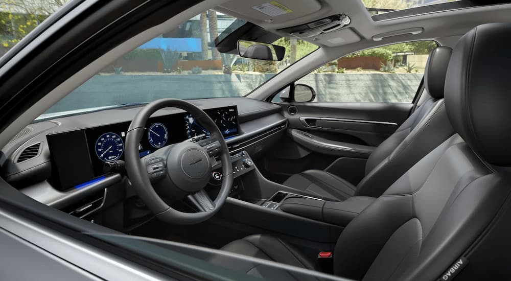 Black interior of a gray 2025 Hyundai Sonata at a Hyundai dealer near Pleasant Prarie.