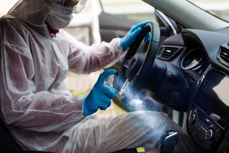 A vehicle being sanitized