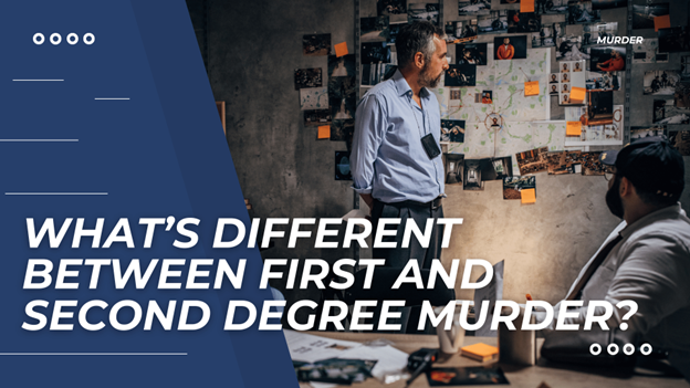 Bold white text asks, "WHAT’S DIFFERENT BETWEEN FIRST AND SECOND DEGREE MURDER?" The background features two detectives in a dim room: one at a crime board, the other listening at a cluttered table.