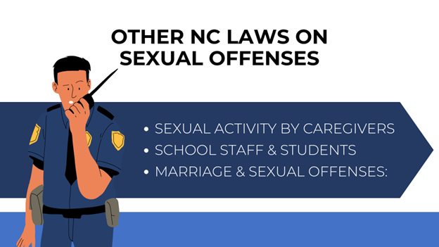 A police officer holding a radio stands next to a list of "Other NC Laws on Sexual Offenses," covering caregivers, school staff, and marriage-related offenses.