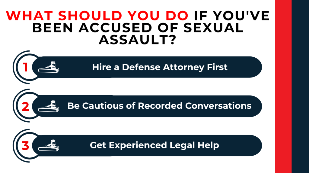 Numbered steps with gavel icons advise hiring attorney avoiding recordings and seeking experienced legal help
