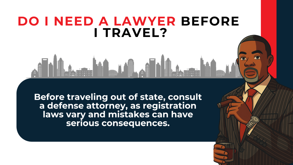 Attorney illustration beside advisory text urging legal guidance before interstate travel and registration decisions.
