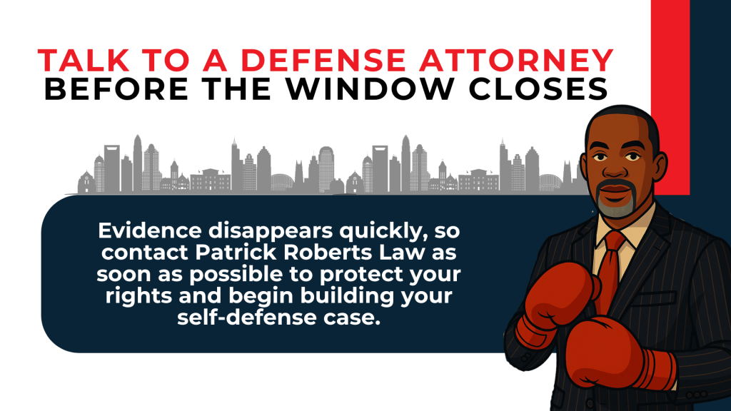 Attorney wearing boxing gloves urges early legal help to preserve evidence and build a self-defense case.