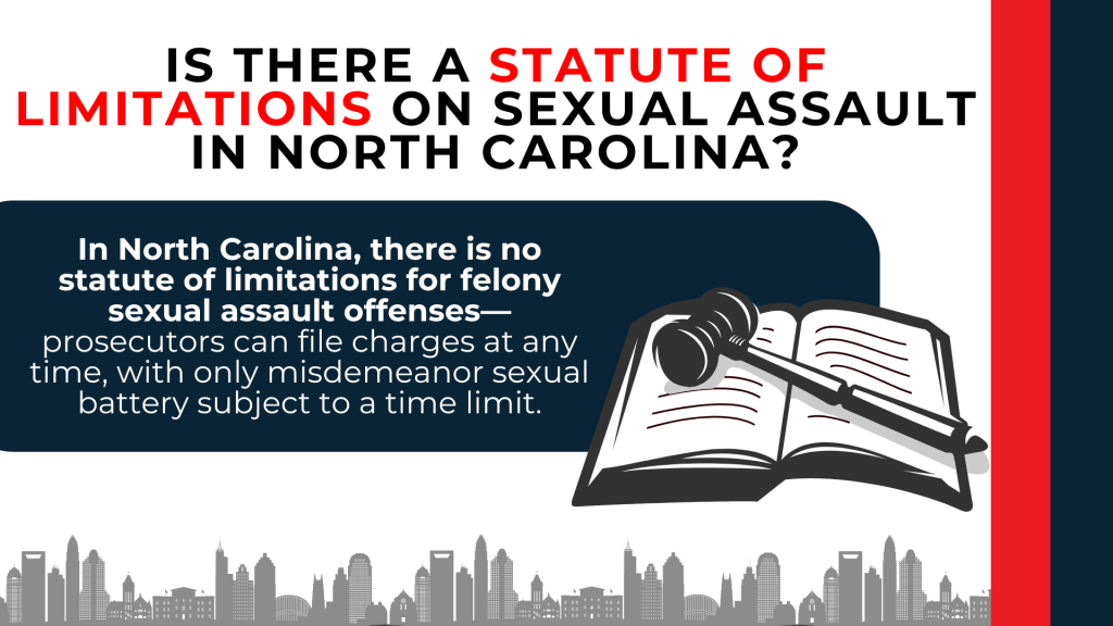 Text panel with law book icon explains no time limit for felony sexual assault and limited deadline for misdemeanors