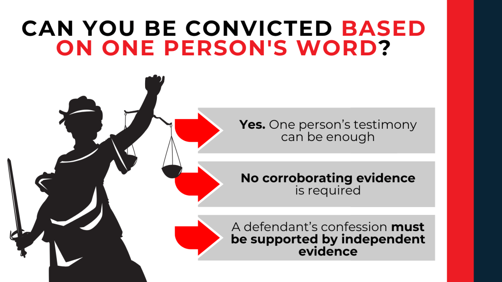Lady Justice with arrows explains when testimony alone may support conviction and evidence requirements.