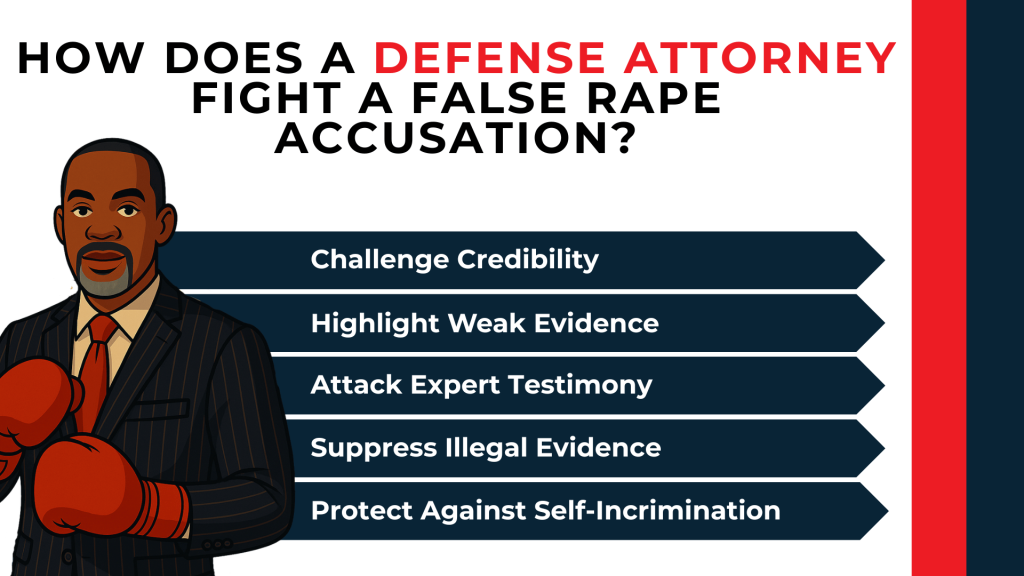 Attorney in boxing gloves beside arrows outlining defense strategies against false rape accusations.
