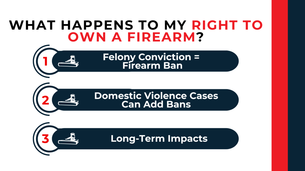 Numbered legal icons explain firearm bans and long-term restrictions after a felony conviction.