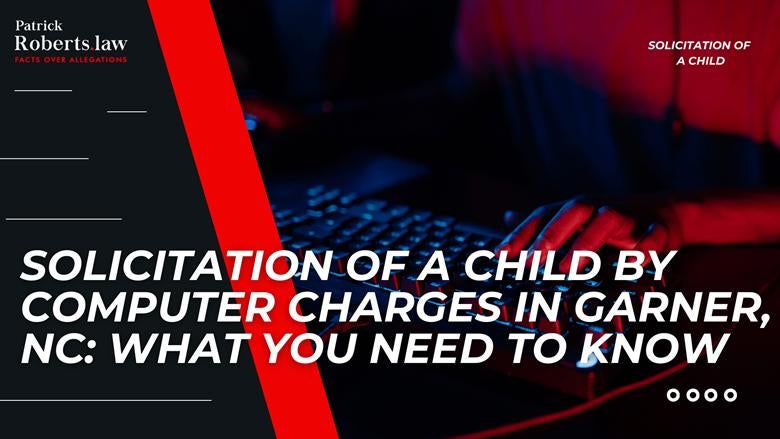 Dark keyboard background with red accent bars and bold headline explaining computer solicitation charges in Garner, NC.