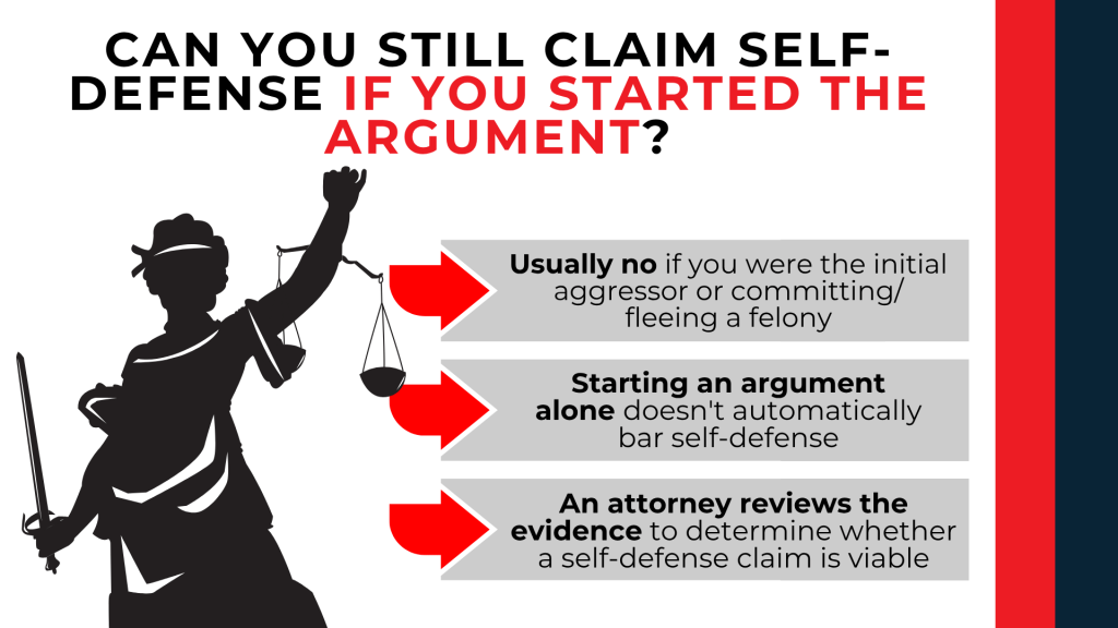 Lady Justice with arrows explains when starting an argument does or does not affect a self-defense claim.