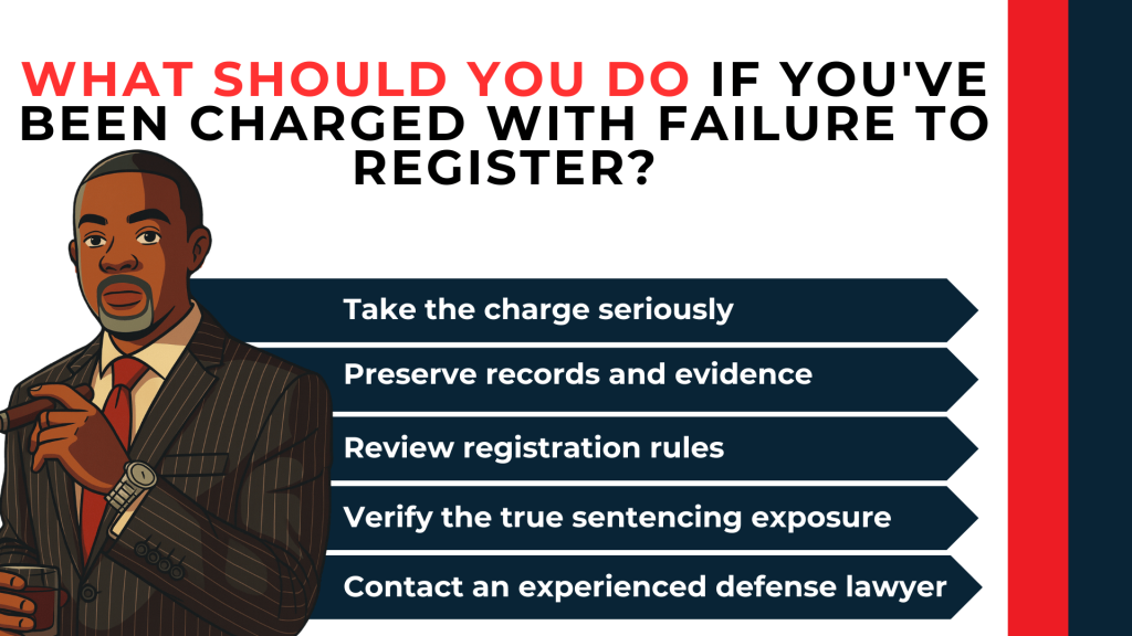 Lawyer beside checklist outlines key steps after a failure-to-register charge in North Carolina.