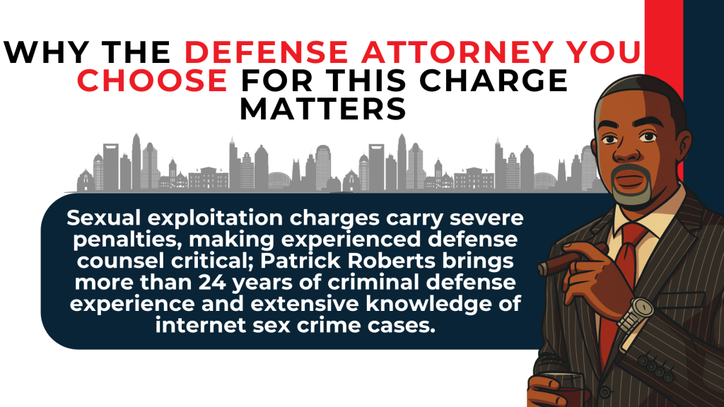 Attorney illustration and skyline emphasize experienced legal defense for serious exploitation allegations.