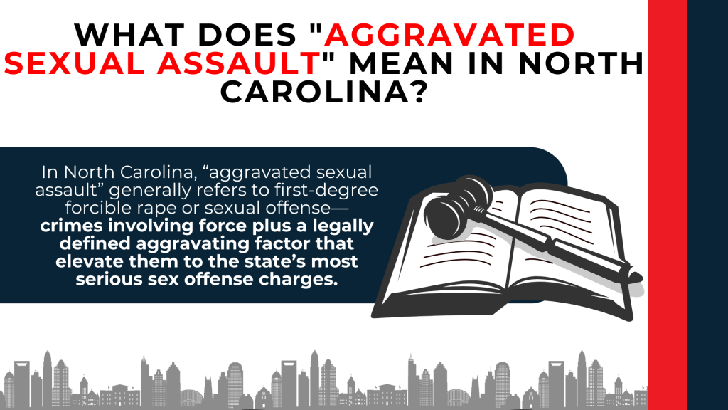 Open law book and gavel with text explain aggravated sexual assault as force plus aggravating factors in North Carolina