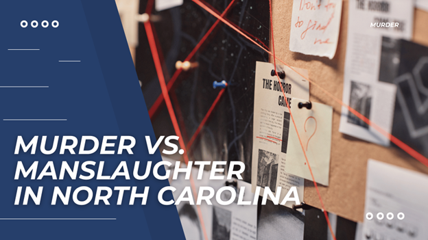Cover for a discussion on the legal distinctions between murder and manslaughter in North Carolina. The crime board in the background suggests an investigative or legal theme, emphasizing the seriousness and complexity of these offenses.