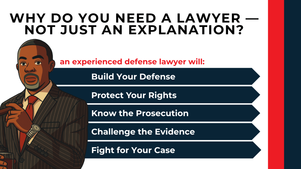Attorney illustration with arrow list explains how a defense lawyer builds and protects your case.