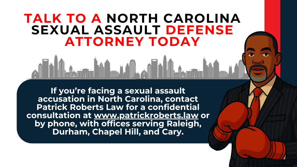 Attorney illustration with boxing gloves and skyline promotes contacting defense lawyer for sexual assault charges in NC