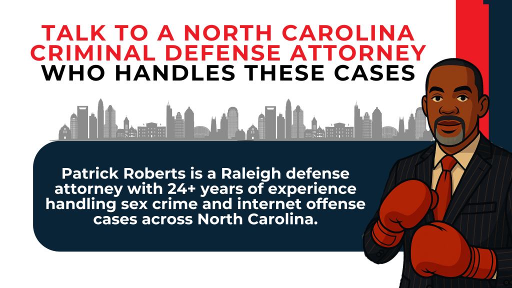 Attorney illustration promotes experienced legal defense for sex crime and internet offense cases in North Carolina.