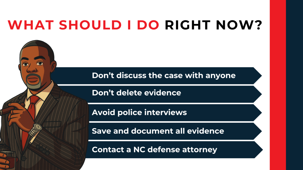 Attorney illustration beside checklist advising silence, preserving evidence, avoiding interviews, and seeking counsel.