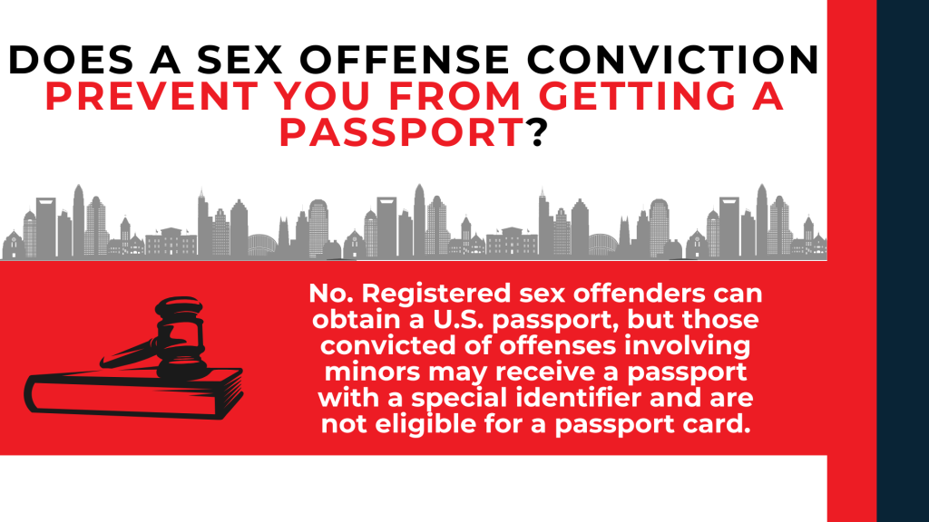Gavel and legal text explain passport eligibility and identifier requirements after certain convictions.