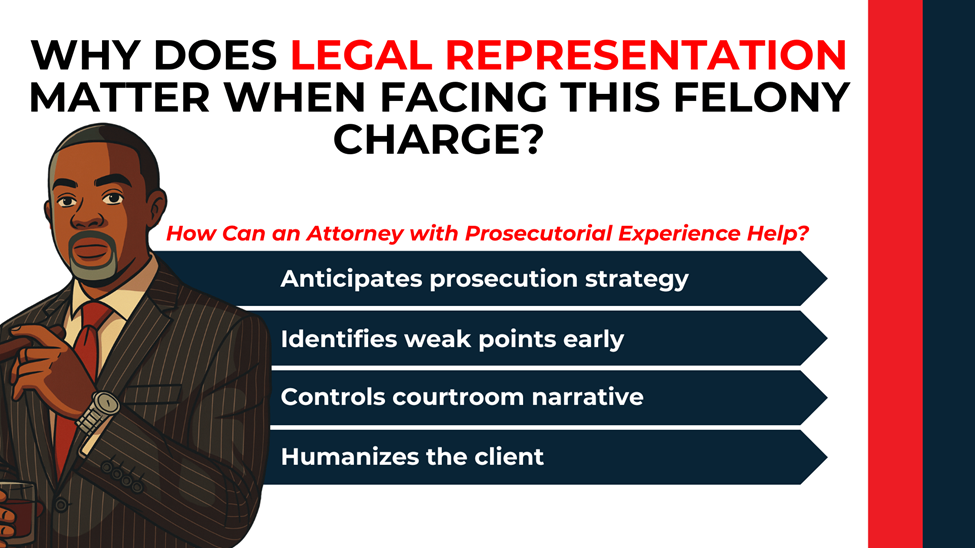 Attorney illustration with arrow list showing how experienced counsel anticipates strategy and protects defendants.