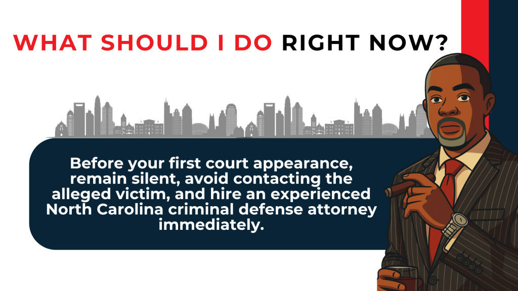 Attorney illustration urges staying silent, avoiding contact, and hiring a defense lawyer immediately.